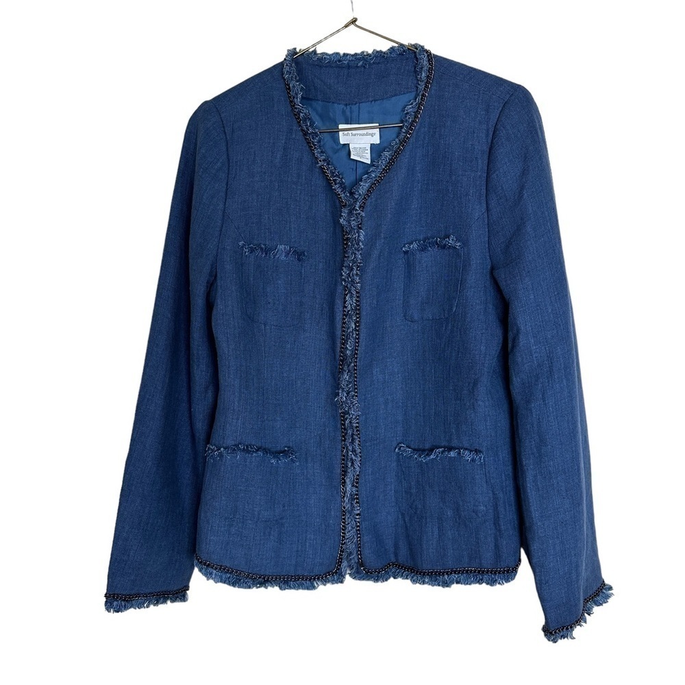 SOFT Surroundings Blue Linen Chain and Raw Fringe Hem Jacket Women’s Size Small - Picture 2 of 13